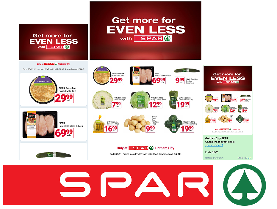 SPAR campaigns built with Flex — webpages, leaflets, and WhatsApp messages