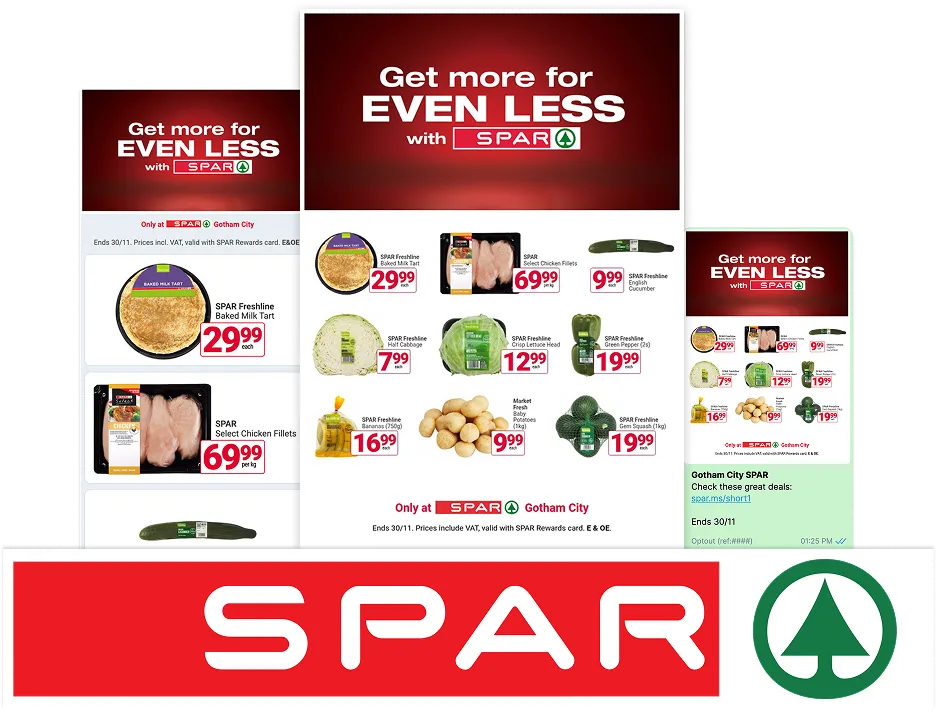 SPAR campaigns built with Flex — webpages, leaflets, and WhatsApp messages